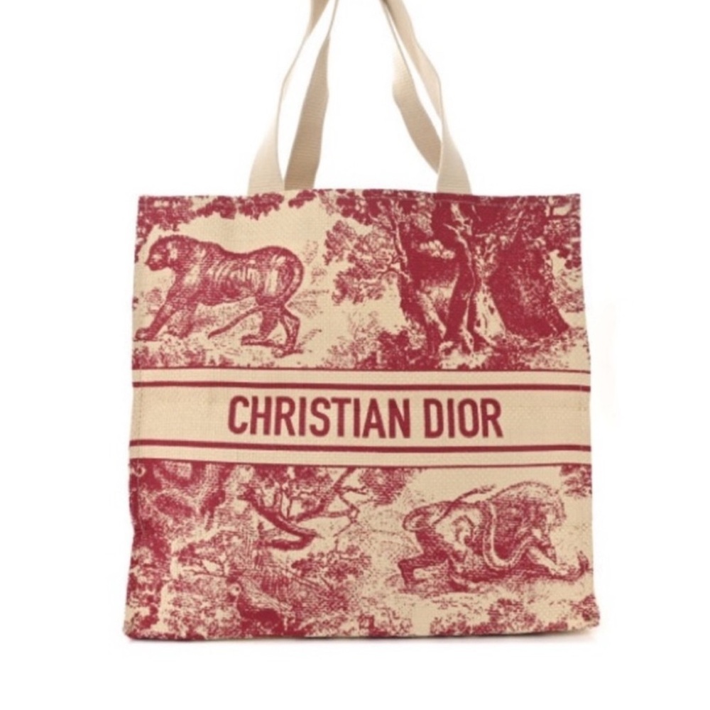 Christian Dior Red and Cream Straw Tote Bag